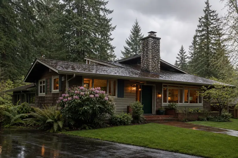 A 1960s Northwest contemporary house with wide eaves after a heavy rain with a river rock chimney on a cedar shake roof, wet roofs and clear gutters; illustrative image