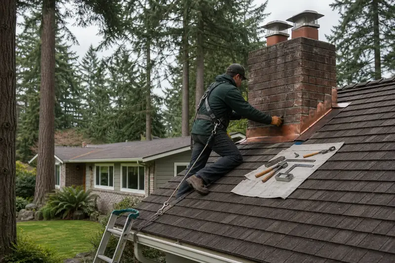 A harnessed technician checking the step flashing where a two-flue brick chimney on a steep gable roof meets the roof; illustrative image