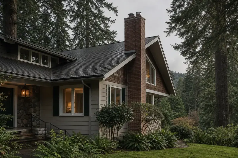 A 1960s Northwest contemporary house with wide eaves with a two-flue brick chimney on a steep gable roof and neat, even mortar joints; illustrative image