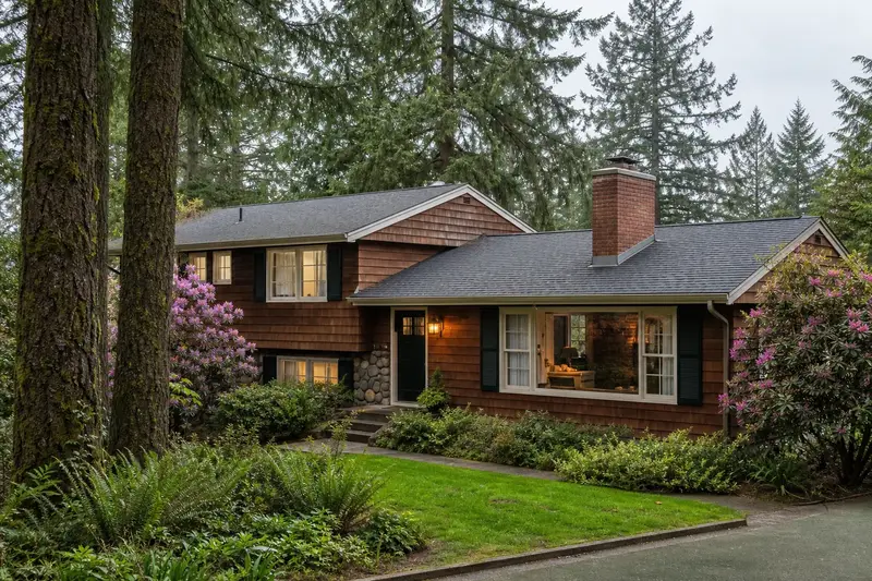 A 1960s cedar-sided split-level house with a brick chimney with a concrete crown on a composition shingle roof and neat mortar joints; illustrative image