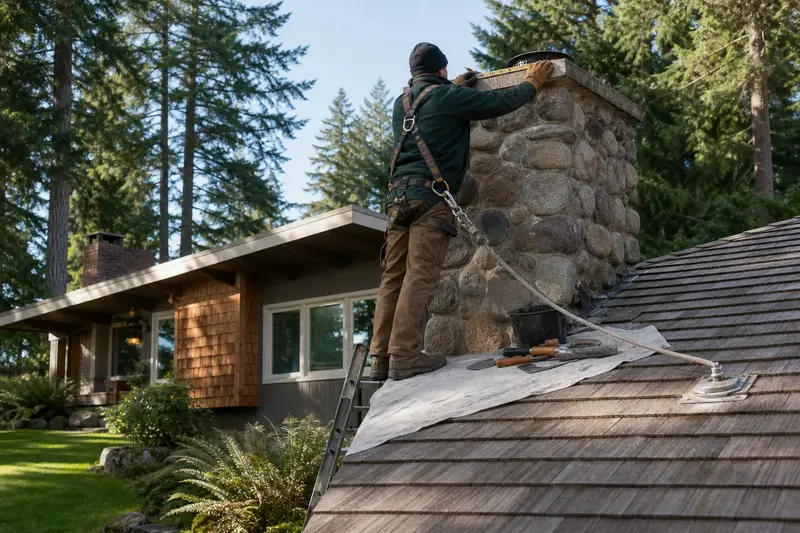 A harnessed mason measuring the crown of a river rock chimney on a cedar shake roof with a folding rule; illustrative image