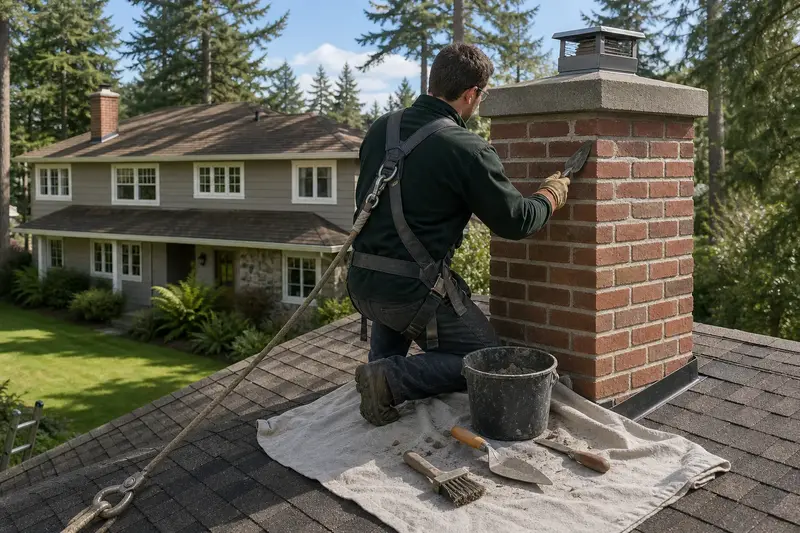 A harnessed mason repointing mortar joints on a brick chimney with a concrete crown on a composition shingle roof with a pointing trowel; illustrative image