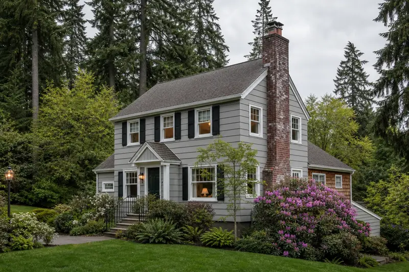 A 1960s two-story suburban house with lap siding with a two-flue brick chimney on a steep gable roof of clean red brick; illustrative image