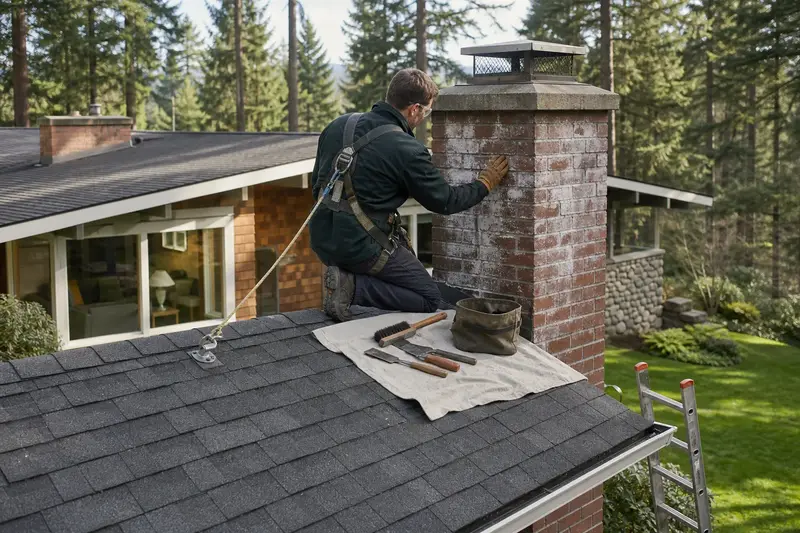 A harnessed technician examining the brick of a brick chimney with a concrete crown on a composition shingle roof on a damp day; illustrative image