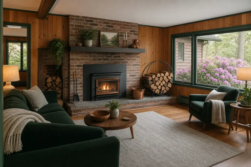 A hearth room with a wood-burning insert in a brick opening, split firewood in a steel rack and a clear hearth; illustrative image