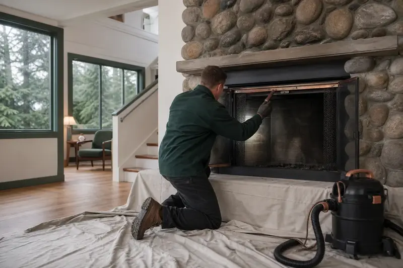 A technician adjusting the damper handle of a factory-built wood-burning fireplace with a stone facing by flashlight, the fireplace cold; illustrative image