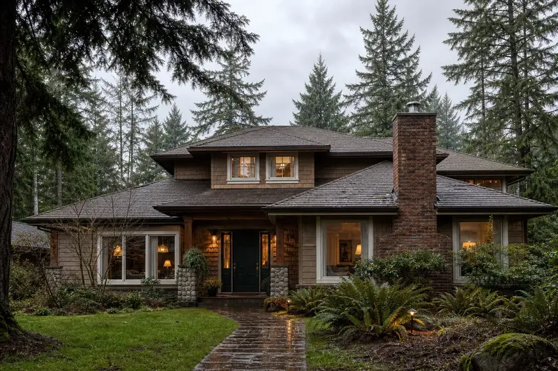 A 1980s Northwest contemporary house with wide eaves with a brick chimney with a concrete crown on a composition shingle roof topped by a new stainless steel cap; illustrative image