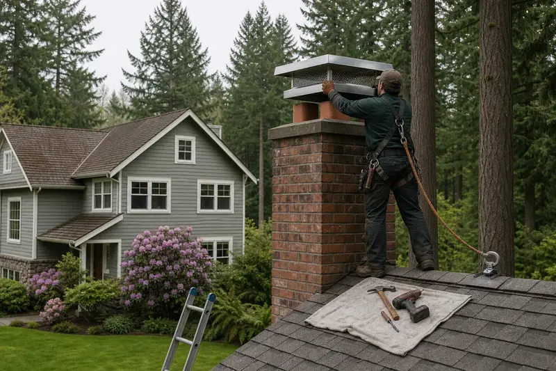 A harnessed technician setting a stainless steel mesh chimney cap onto a two-flue brick chimney on a steep gable roof; illustrative image
