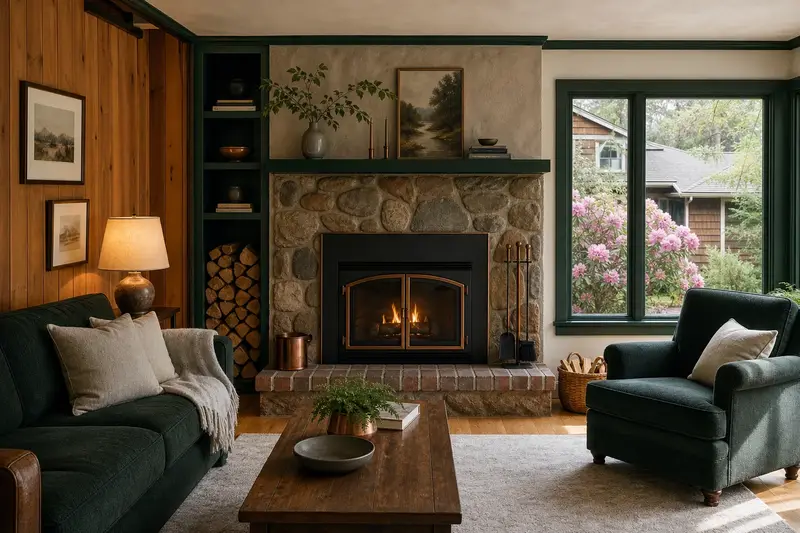 A tidy hearth room with a factory-built wood-burning fireplace with a stone facing, a cleared hearth, fireplace tools and split firewood; illustrative image