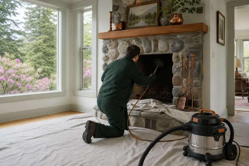 A technician feeding a rotary chimney brush up the flue of an open masonry wood-burning fireplace, drop cloths and a sealed vacuum on the hearth; illustrative image