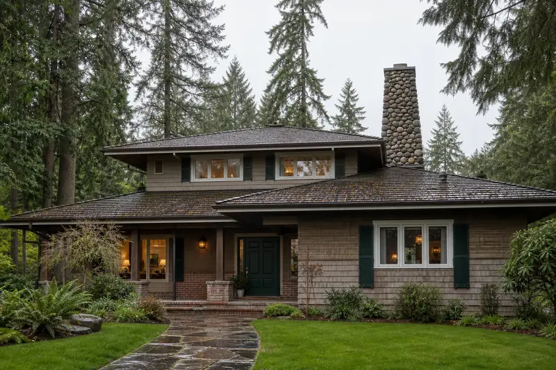 A 1980s Northwest contemporary house with wide eaves in soft daylight with a river rock chimney on a cedar shake roof standing clear above the roofline; illustrative image