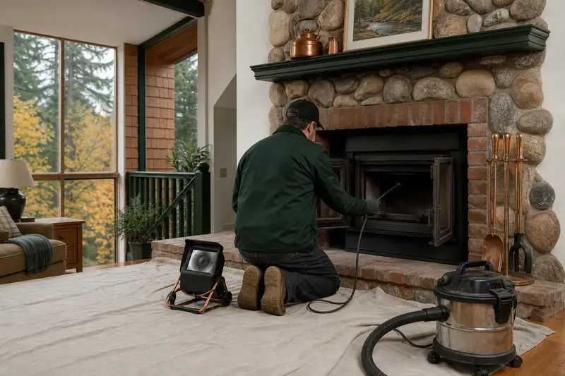 A technician guiding an inspection camera into the firebox of a wood-burning insert in a brick opening, the fireplace cold and unlit; illustrative image