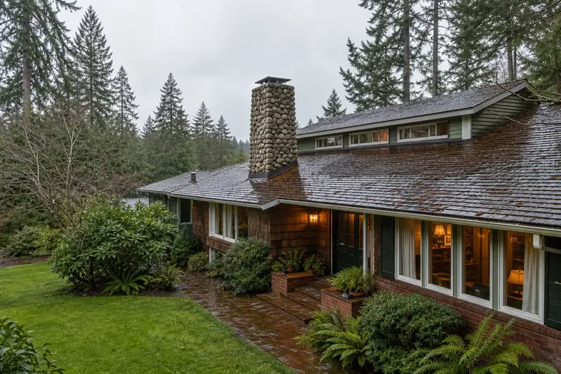 A 1980s Northwest contemporary house with wide eaves after a heavy rain with a river rock chimney on a cedar shake roof, wet roofs and clear gutters; illustrative image