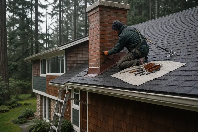 A harnessed technician checking the step flashing where a brick chimney with a concrete crown on a composition shingle roof meets the roof; illustrative image