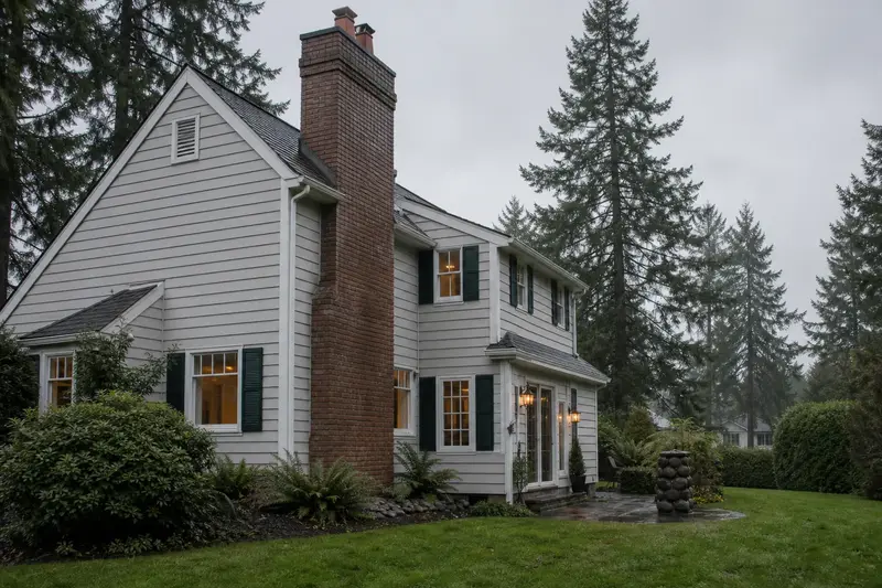 A 1980s two-story suburban house with lap siding with a two-flue brick chimney on a steep gable roof and neat mortar joints; illustrative image