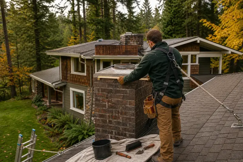 A harnessed mason measuring the crown of a brick chimney with a concrete crown on a composition shingle roof with a folding rule; illustrative image
