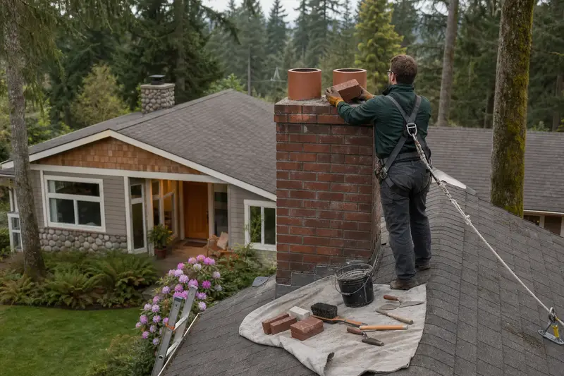 A harnessed mason setting a replacement brick near the top of a two-flue brick chimney on a steep gable roof; illustrative image