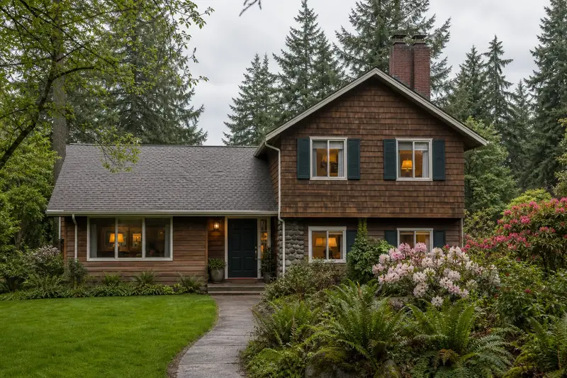 A 1980s cedar-sided split-level house with a two-flue brick chimney on a steep gable roof and warm lamp-lit windows; illustrative image