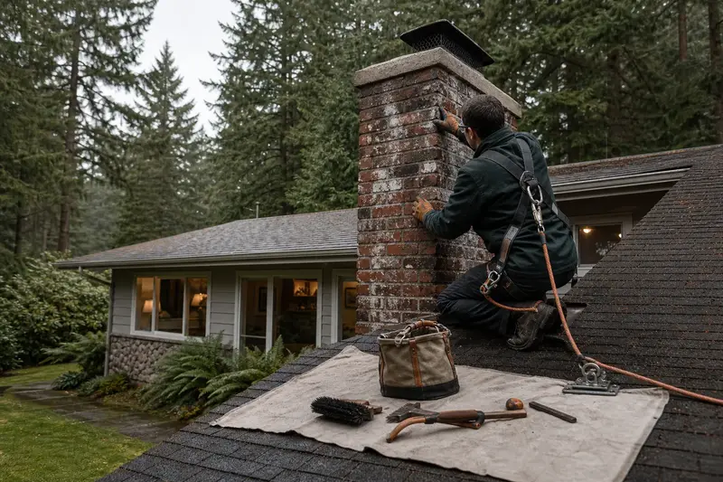 A harnessed technician examining the brick of a brick chimney with a concrete crown on a composition shingle roof on a damp day; illustrative image