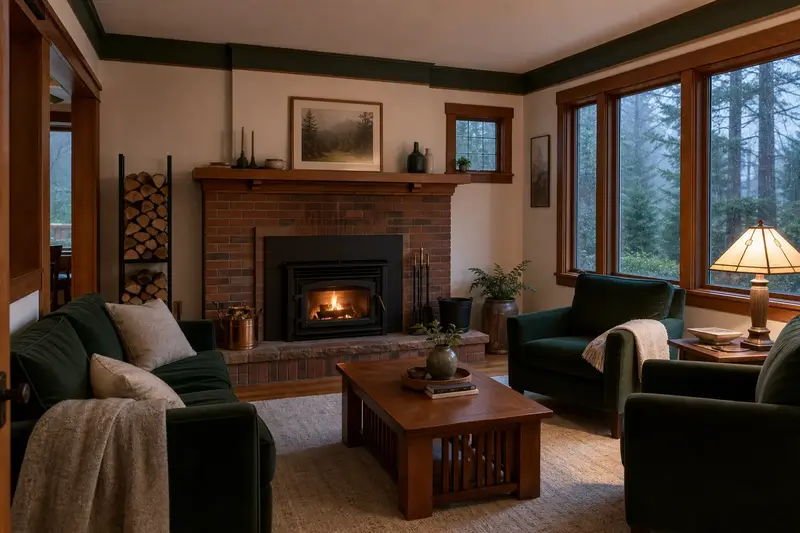 A hearth room with a wood-burning insert in a brick opening, split firewood in a steel rack and a clear hearth; illustrative image