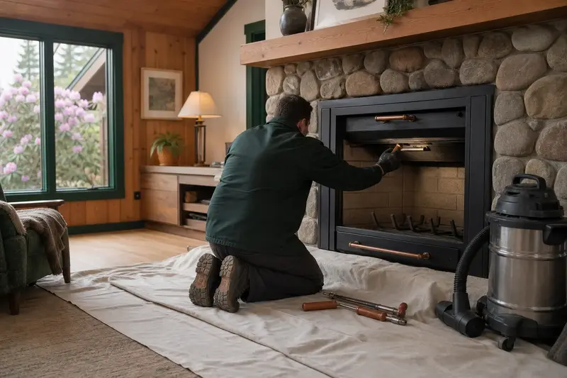A technician adjusting the damper handle of a factory-built wood-burning fireplace with a stone facing by flashlight, the fireplace cold; illustrative image