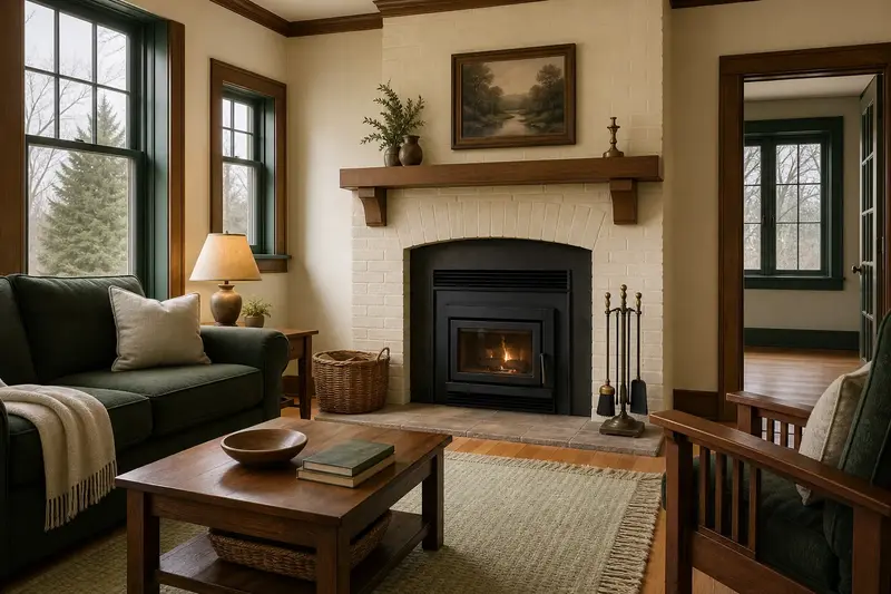 A calm sitting room with a wood-burning insert in a brick opening, a clear hearth and fireplace tools on a stand, no one present; illustrative image