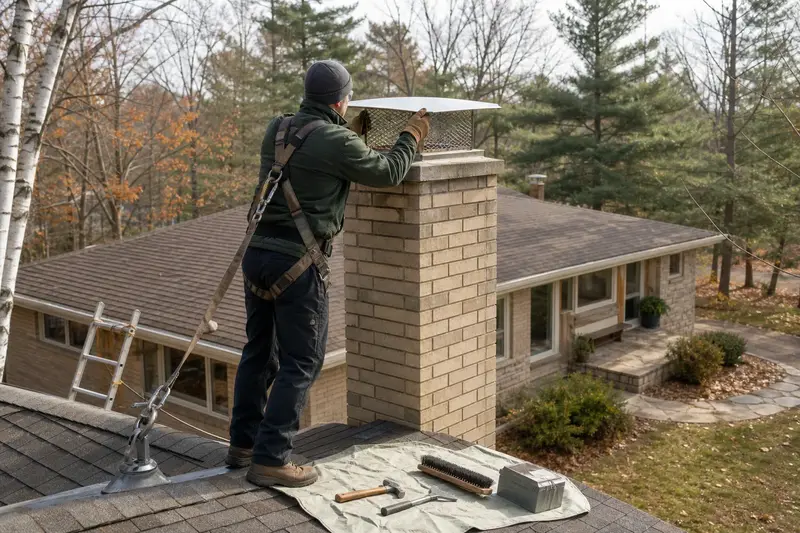 A harnessed technician setting a stainless steel mesh chimney cap onto a tall brick chimney on a steep gable roof; illustrative image