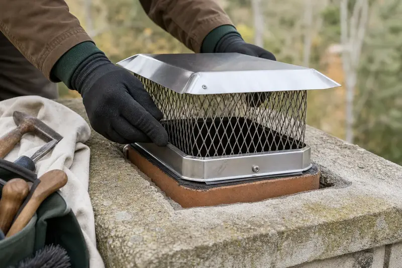 A stainless steel mesh cap seated on a flue above a concrete crown, seen up close; illustrative image