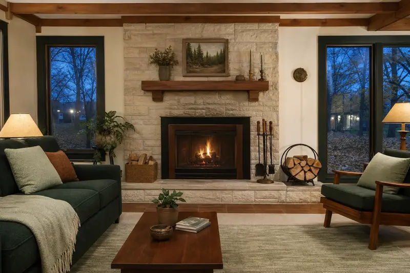 A tidy hearth room with a factory-built wood-burning fireplace with a stone facing, a cleared hearth, fireplace tools and split firewood; illustrative image