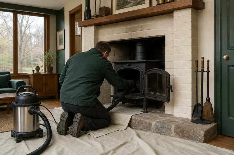 A technician kneeling at a cast-iron wood stove on a stone hearth pad with a sealed vacuum and drop cloths, the fireplace cold and unlit; illustrative image