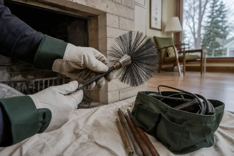 Gloved hands fitting a round wire brush onto a flexible rod at the hearth of an open masonry wood-burning fireplace; illustrative image