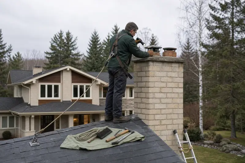 A harnessed technician examining the top of a two-flue brick chimney on a slate roof with a flashlight from a dry roof surface; illustrative image