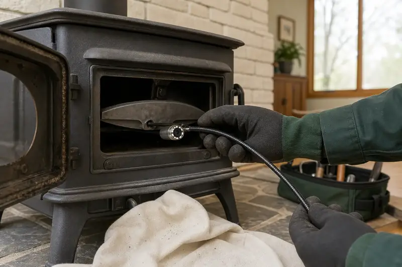 An inspection camera head on a flexible cable at the damper opening of a cast-iron wood stove on a stone hearth pad; illustrative image