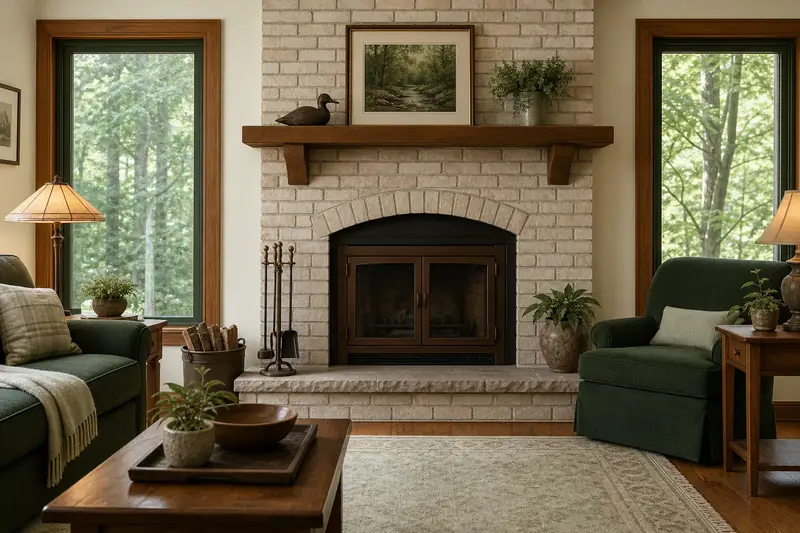 A summer living room with a wood-burning insert in a brick opening, glass doors closed and green trees outside the windows; illustrative image