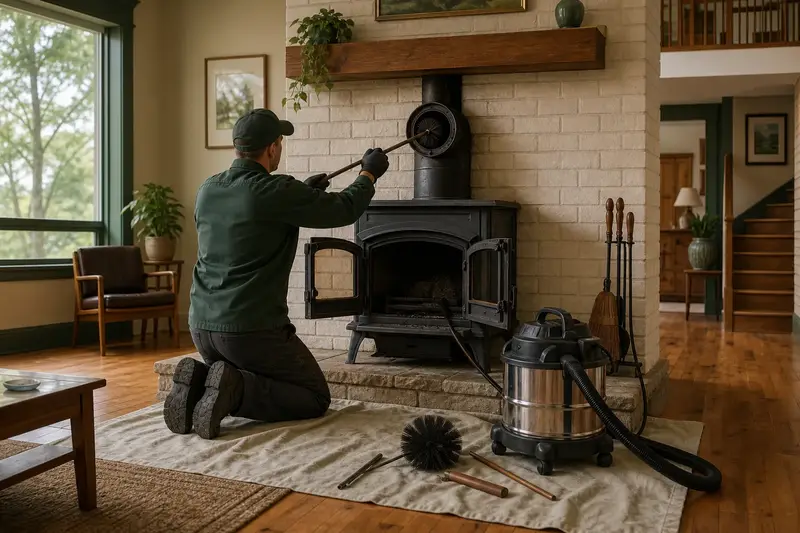 A technician brushing the flue of a cast-iron wood stove on a stone hearth pad on a humid summer day, drop cloths on the hearth; illustrative image