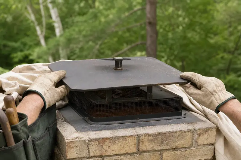 A closed top-sealing damper plate at a chimney top; illustrative image