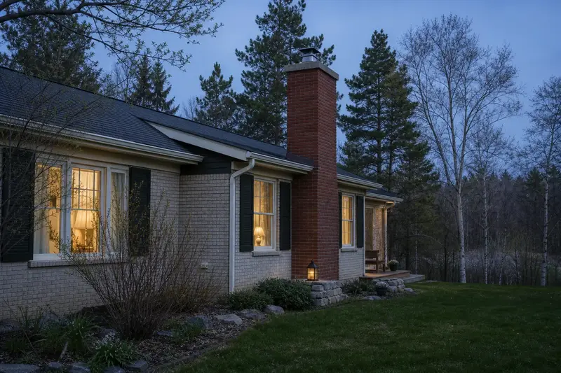 A 1970s brick-front ranch house with a red brick chimney with a concrete crown rising above the roof; illustrative image