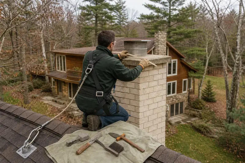 A harnessed mason measuring the crown of a tall brick chimney on a steep gable roof with a folding rule; illustrative image