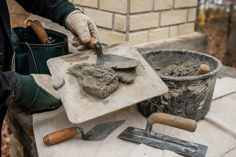 A mortar hawk, trowels and a bucket of mixed mortar set on a roof work platform; illustrative image