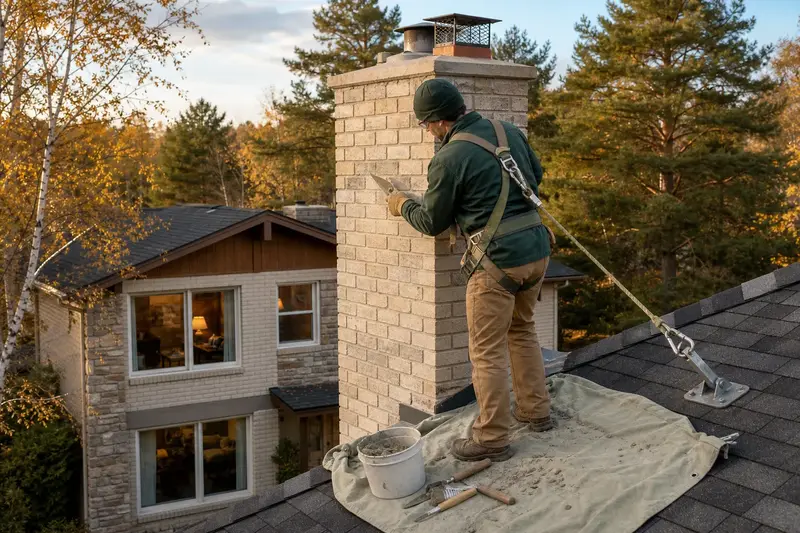 A harnessed mason repointing mortar joints on a tall brick chimney on a steep gable roof with a pointing trowel; illustrative image
