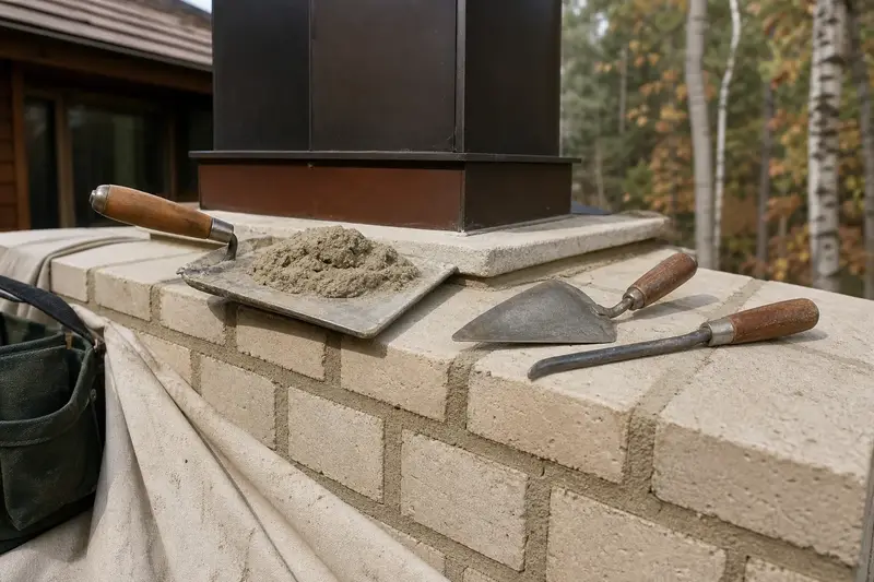A mortar hawk, pointing trowel and jointer resting on sound brick at a chimney shoulder; illustrative image