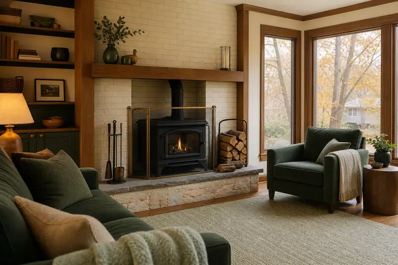A lived-in family room with a freestanding gas stove, seasoned firewood and wool throws; illustrative image