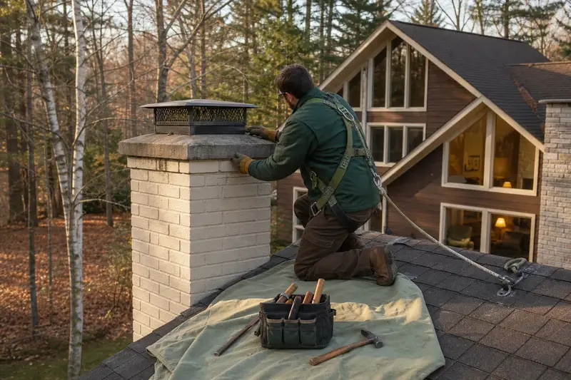 A harnessed technician checking the cap and crown of a tall brick chimney on a steep gable roof before the heating season; illustrative image