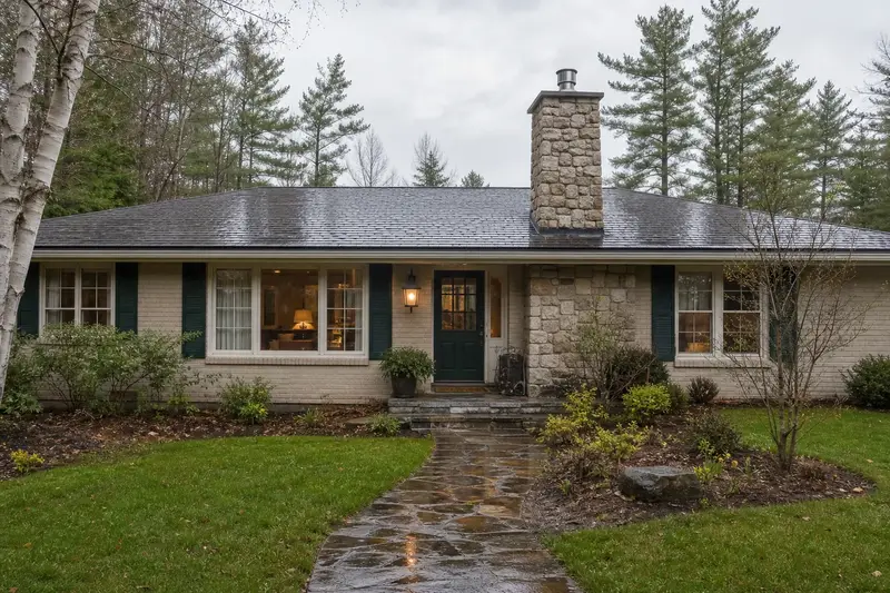 A 1970s brick-front ranch house after steady rain with a stone masonry chimney and a stainless steel cap; illustrative image