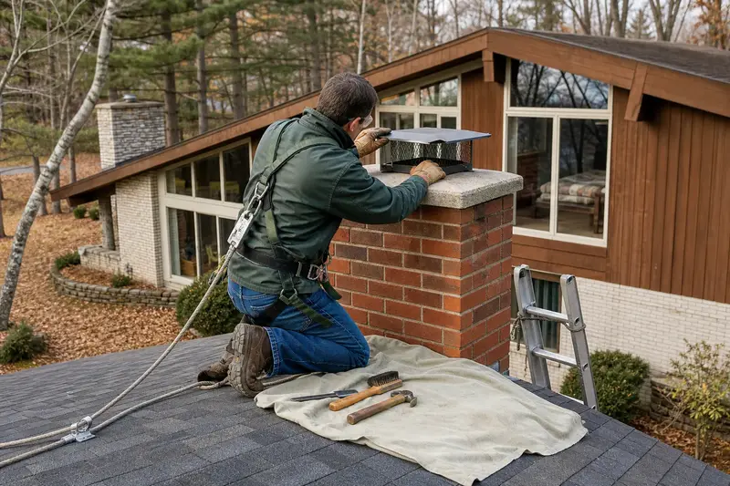 A harnessed technician examining the crown and cap of a red brick chimney with a concrete crown from a dry roof; illustrative image