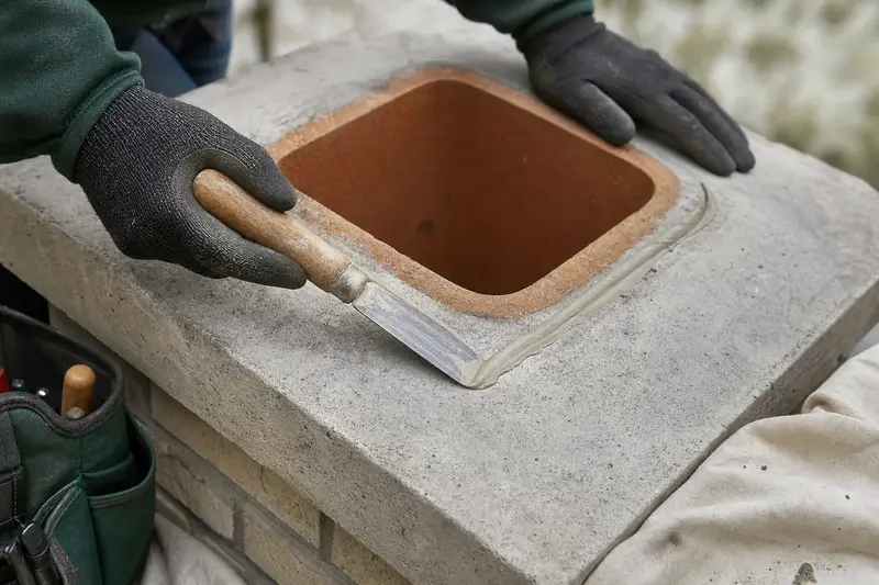 Gloved hands sealing the edge of a concrete chimney crown; illustrative image