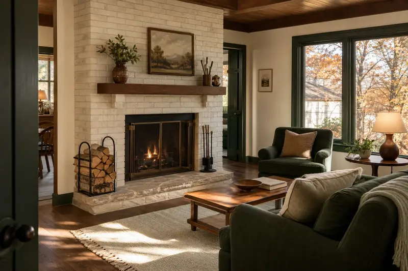 A hearth room with an open masonry wood-burning fireplace, split firewood in a steel rack and a clear hearth; illustrative image