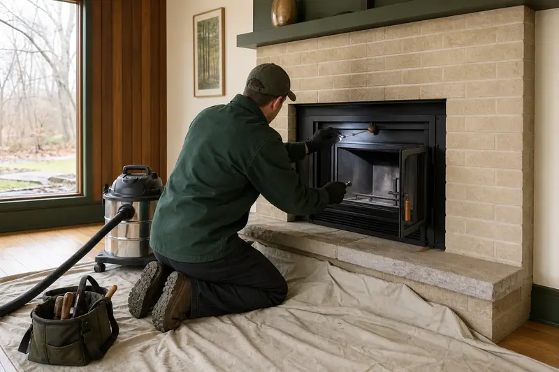 A technician adjusting the damper handle of a wood-burning insert in a brick opening by flashlight, the fireplace cold; illustrative image