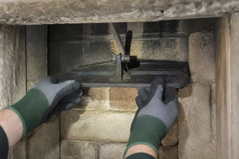 Gloved hands working a cast-iron damper plate inside a cold masonry firebox; illustrative image