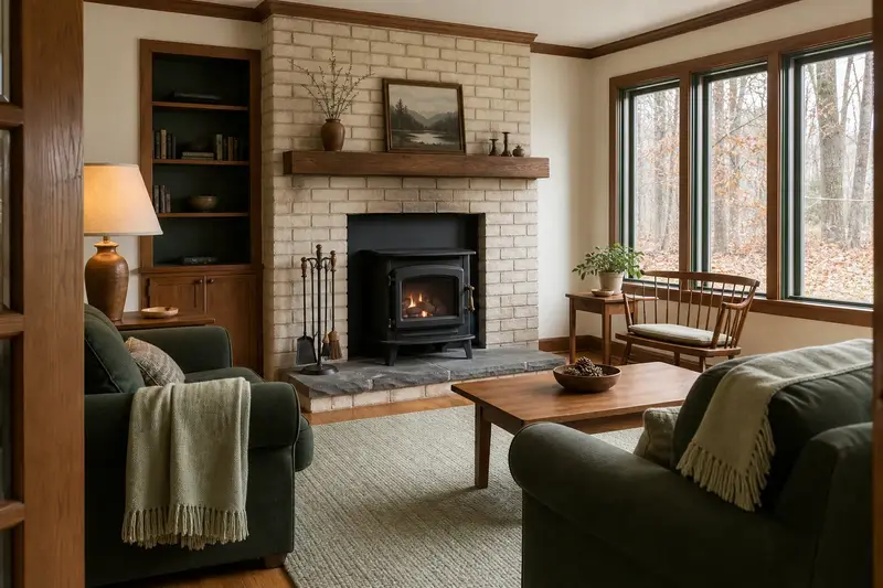 A clean hearth room with a cast-iron wood stove on a stone hearth pad and fireplace tools on a stand; illustrative image